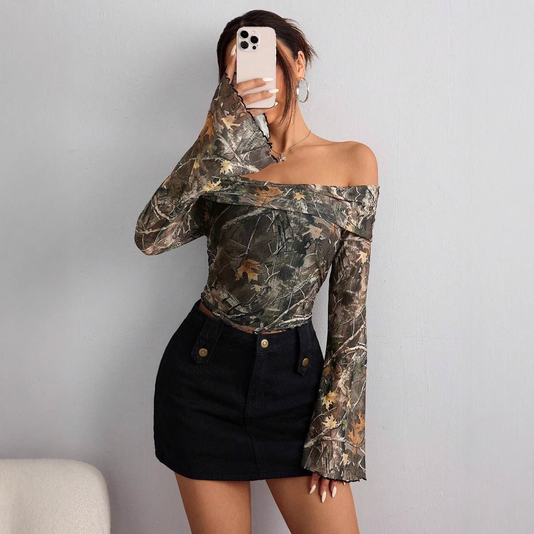Mesh Printed Off - shoulder Long Sleeved Fitted T-shirt Top - Elora Moda