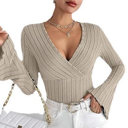 Women's Top Autumn & Winter Rib Sunken Stripe V - neck Slim - fit Long Sleeve - Elora Moda