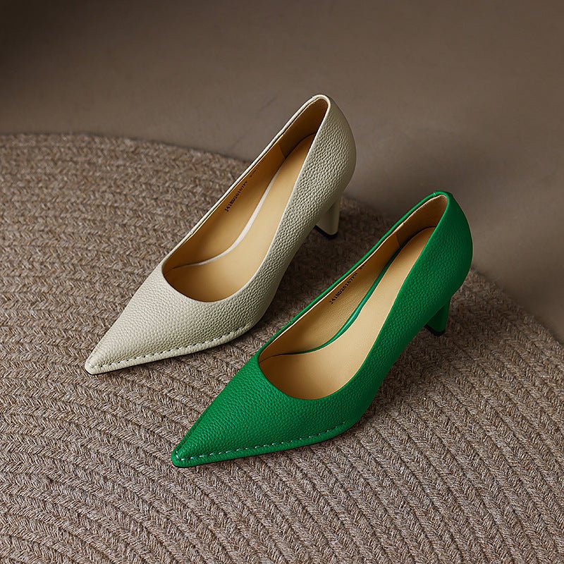 Women's Shoes Thick High Heel Pointed Cowhide Shallow Mouth Pumps - Elora Moda