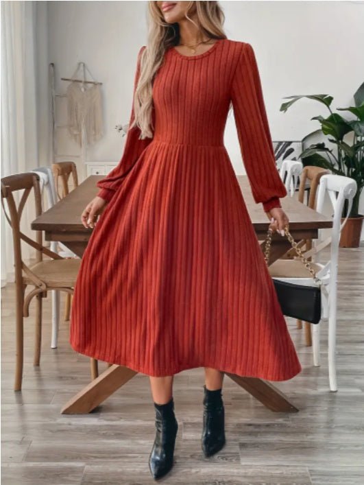 Elegant Maroon Ribbed Midi Dress For Women With Lantern Sleeves - Elora Moda