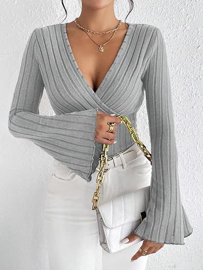 Women's Top Autumn & Winter Rib Sunken Stripe V - neck Slim - fit Long Sleeve - Elora Moda