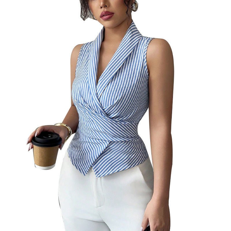 Striped Sleeveless Shirt Lace - up Waist - controlled Slimming Vest Women's Clothing - Elora Moda