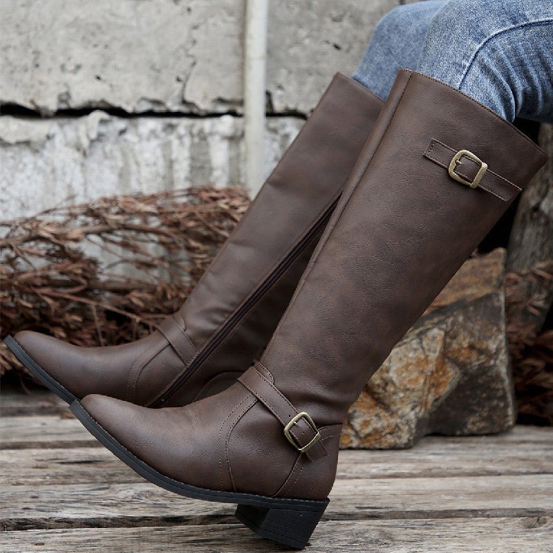 Women Boots | Thick Heel | Square Buckle | Zipper - Elora Moda