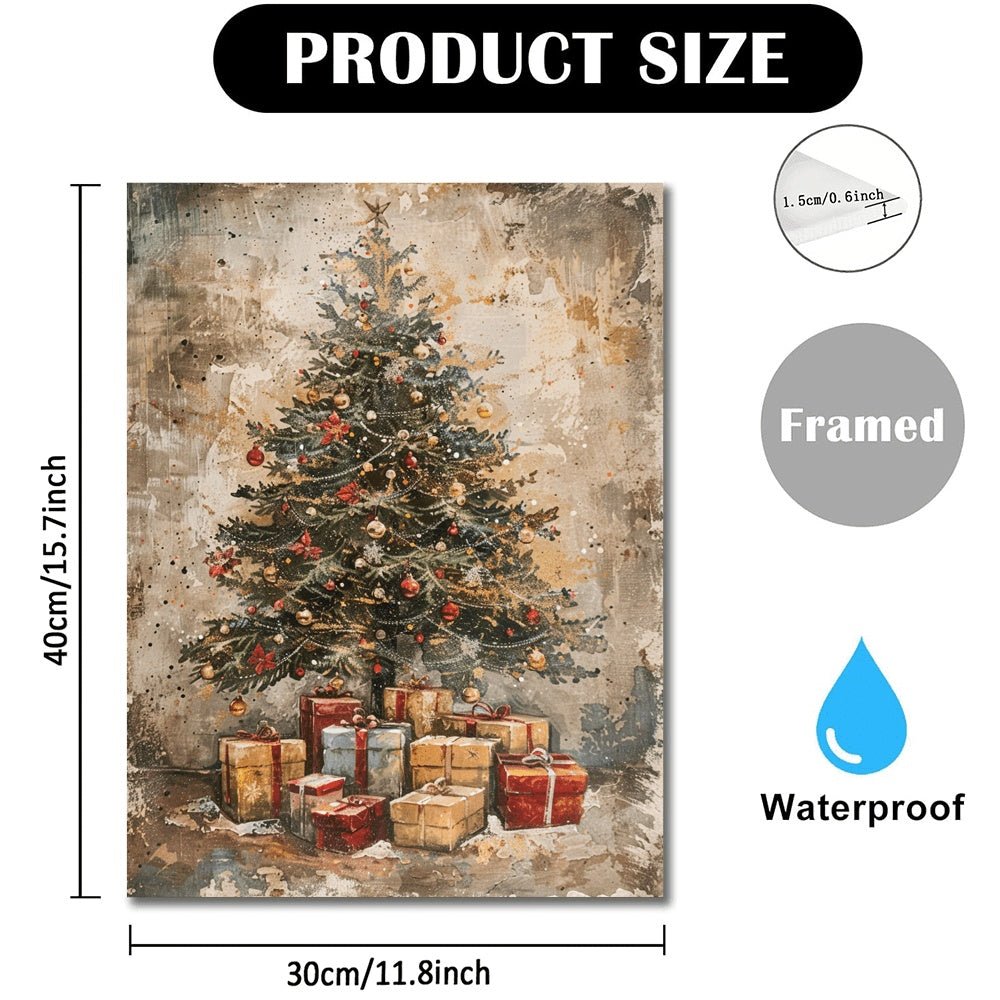 A Canvas Oil Painting With A Wooden Frame, Depicting A Vintage Christmas Tree With Gifts Under It Decorating The Living Room. - Elora Moda