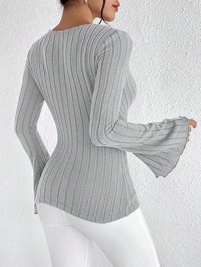 Women's Top Autumn & Winter Rib Sunken Stripe V - neck Slim - fit Long Sleeve - Elora Moda