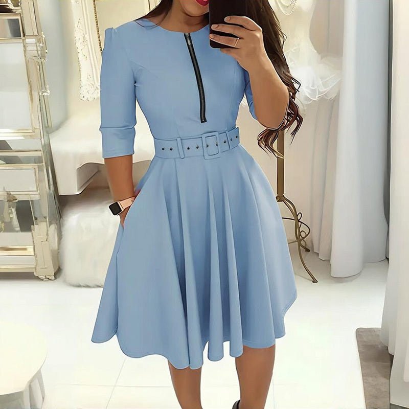Women's Round Neck Zip Front Midi Dress With Belt - Elora Moda
