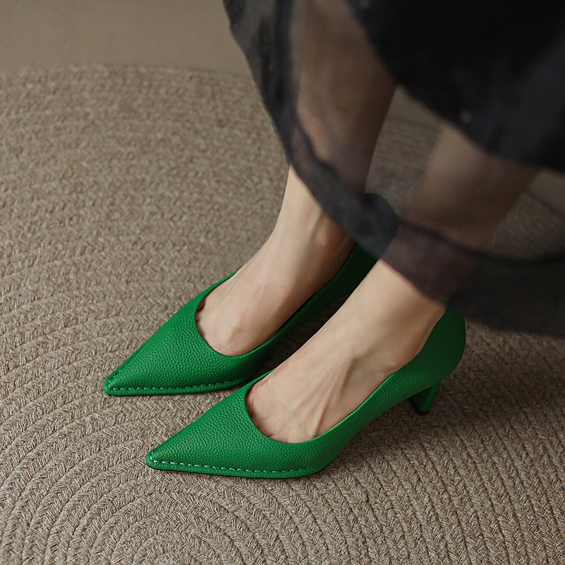 Women's Shoes Thick High Heel Pointed Cowhide Shallow Mouth Pumps - Elora Moda