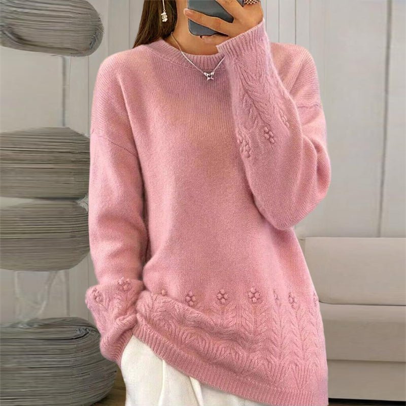 Women's Solid Color 3D Floral Embroidered Pullover - Elora Moda