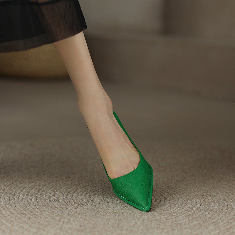 Women's Shoes Thick High Heel Pointed Cowhide Shallow Mouth Pumps - Elora Moda