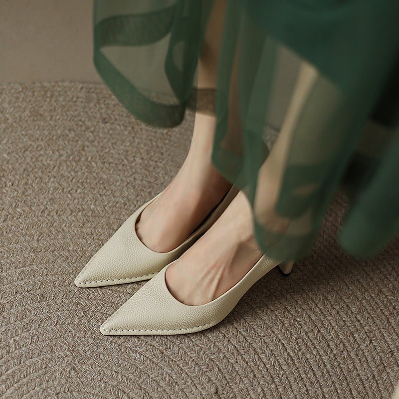 Women's Shoes Thick High Heel Pointed Cowhide Shallow Mouth Pumps - Elora Moda