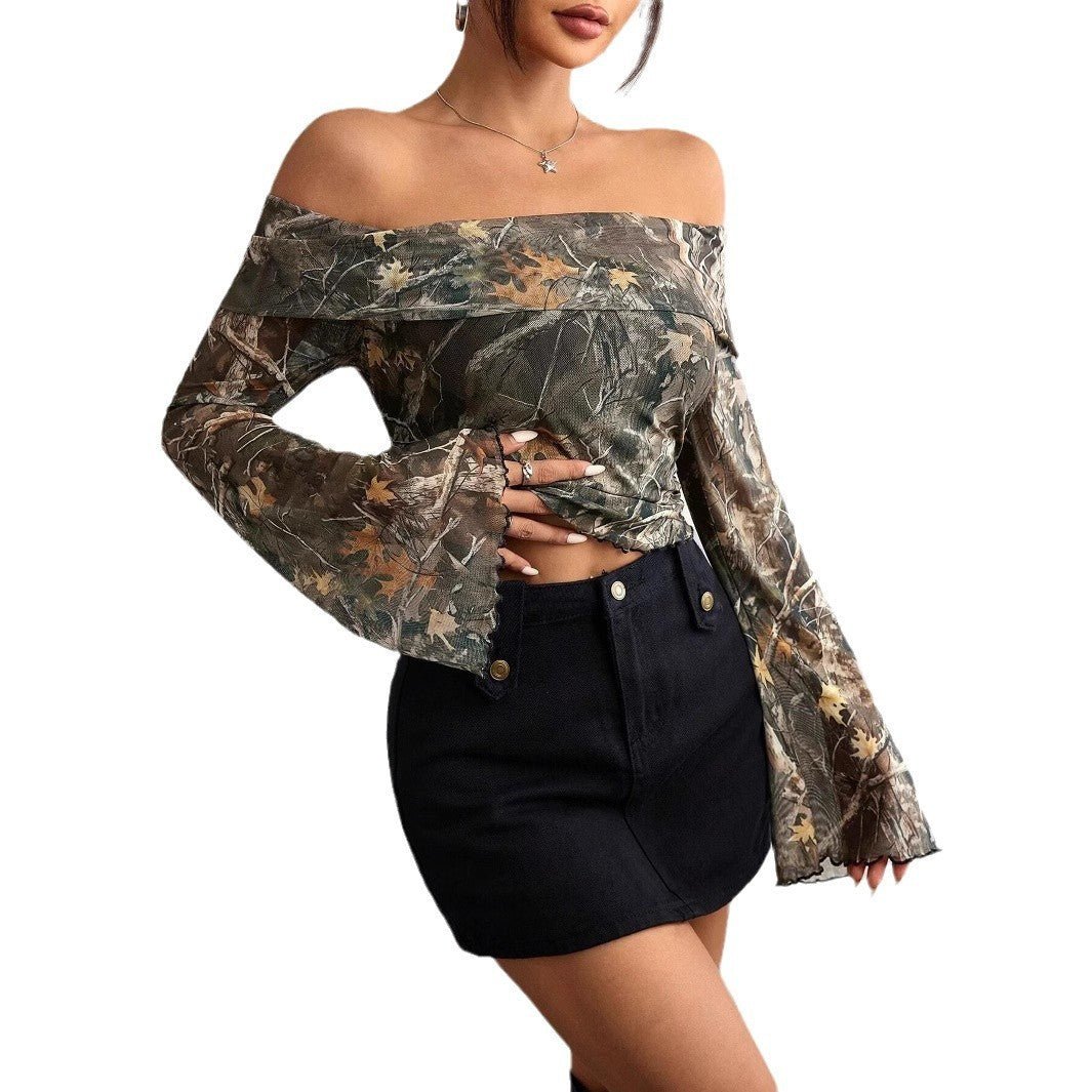 Mesh Printed Off - shoulder Long Sleeved Fitted T-shirt Top - Elora Moda