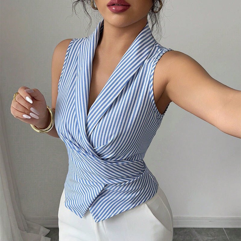 Striped Sleeveless Shirt Lace - up Waist - controlled Slimming Vest Women's Clothing - Elora Moda