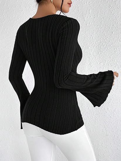 Women's Top Autumn & Winter Rib Sunken Stripe V - neck Slim - fit Long Sleeve - Elora Moda