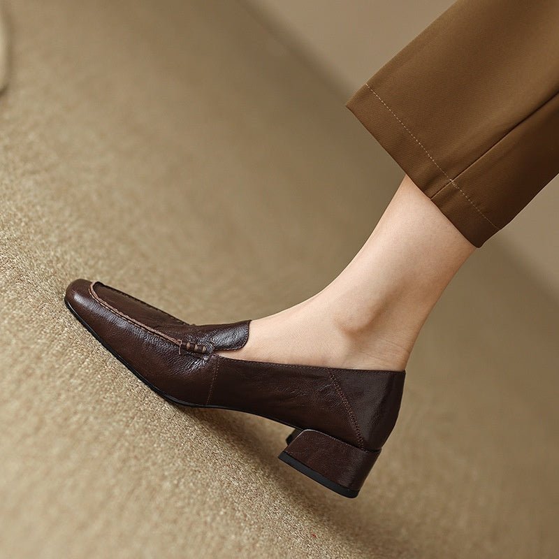 Women's Loafer Shoes Chunky Low Heel Top Square Toe Pumps - Elora Moda