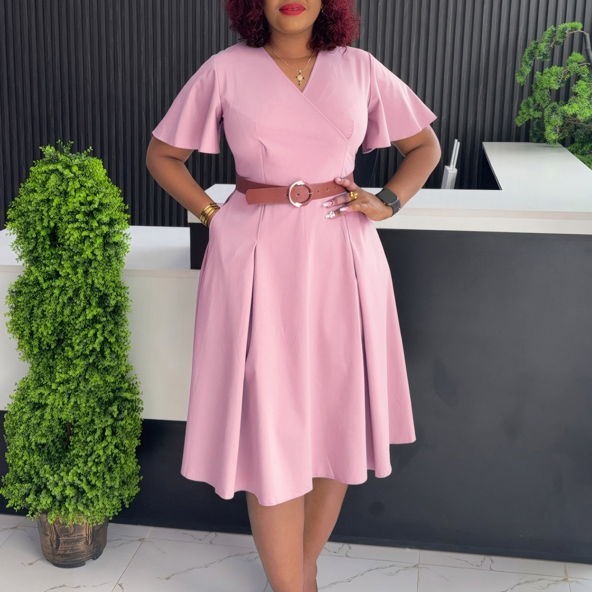 Women's Dress V - neck Bell Sleeve Casual A - Line - Elora Moda