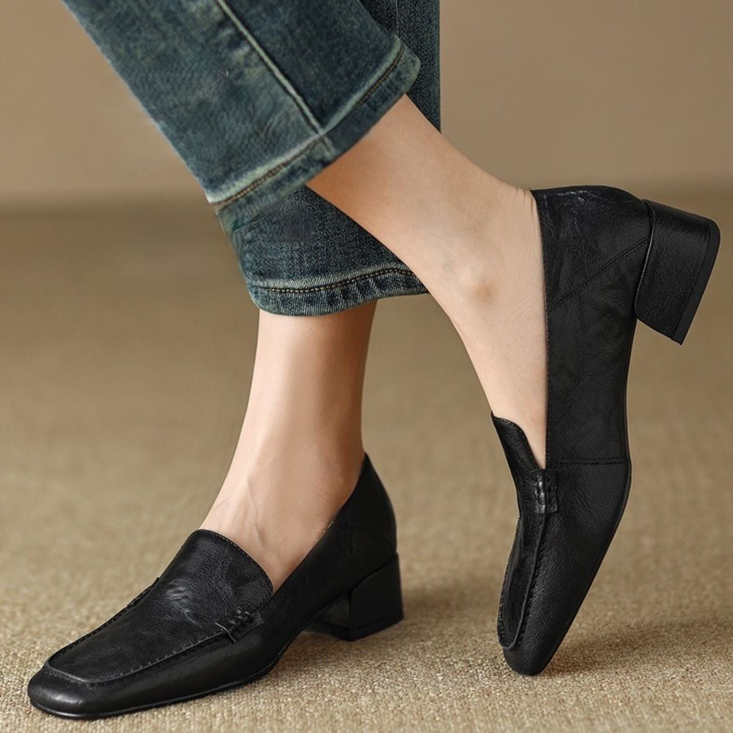 Women's Loafer Shoes Chunky Low Heel Top Square Toe Pumps - Elora Moda